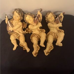 Set of 3 Vintage Gold Cherub Angel Ornaments – Violin – Christmas Tree Decor